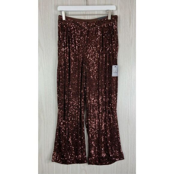 Express Women's Brown High Waisted Sequin Pleated Cropped Trouser Pants Small - Picture 1 of 9